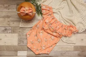 Anisa- Newborn or Sitter Flutter Romper; Newborn Romper; Sitter Romper; Floral Nectarine; MADE TO ORDER