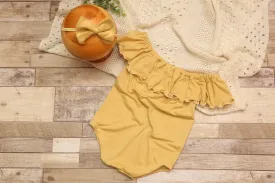 Anisa- Newborn or Sitter Flutter Romper; Newborn Romper; Sitter Romper; Soft Solid Mustard; MADE TO ORDER