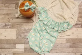 Anisa- Sitter Flutter Romper; Sitter Romper; Seafoam Sunflower; READY TO SHIP