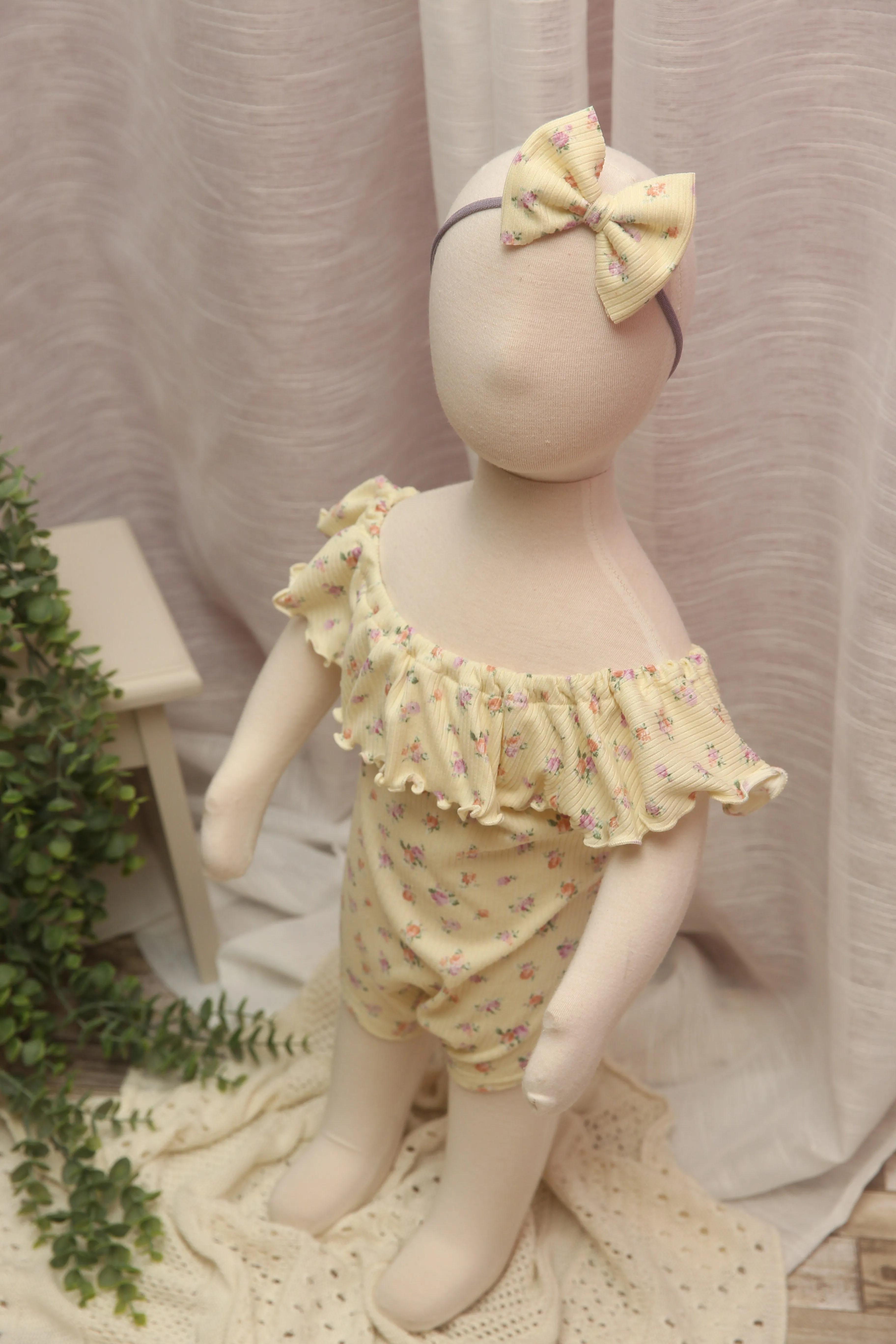 Anisa- Sitter Flutter Romper; Sitter Romper; Soft Yellow Floral; READY TO SHIP