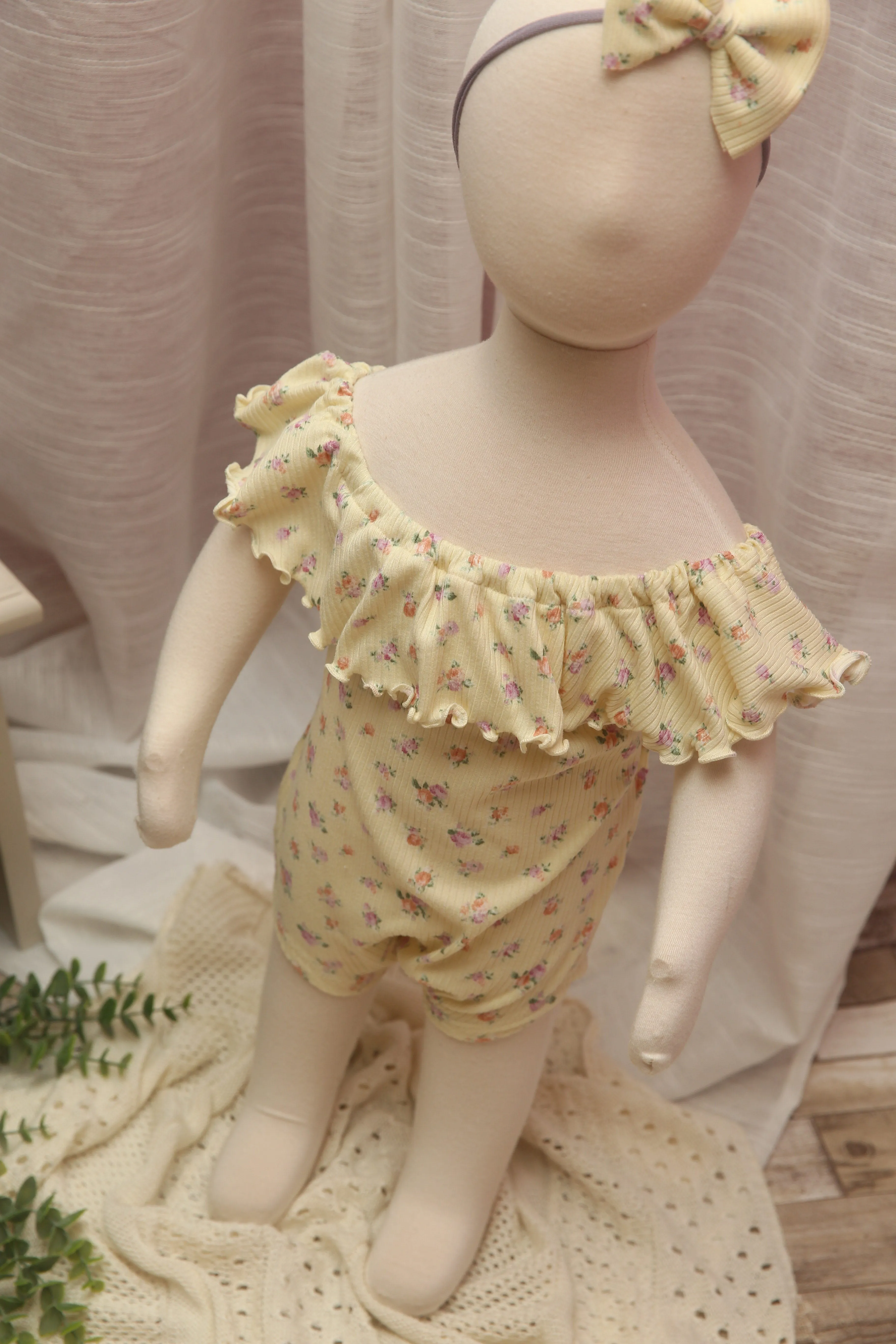 Anisa- Sitter Flutter Romper; Sitter Romper; Soft Yellow Floral; READY TO SHIP