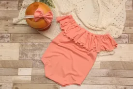 Anisa- Sitter Flutter Romper; Sitter Romper; Solid Salmon READY TO SHIP