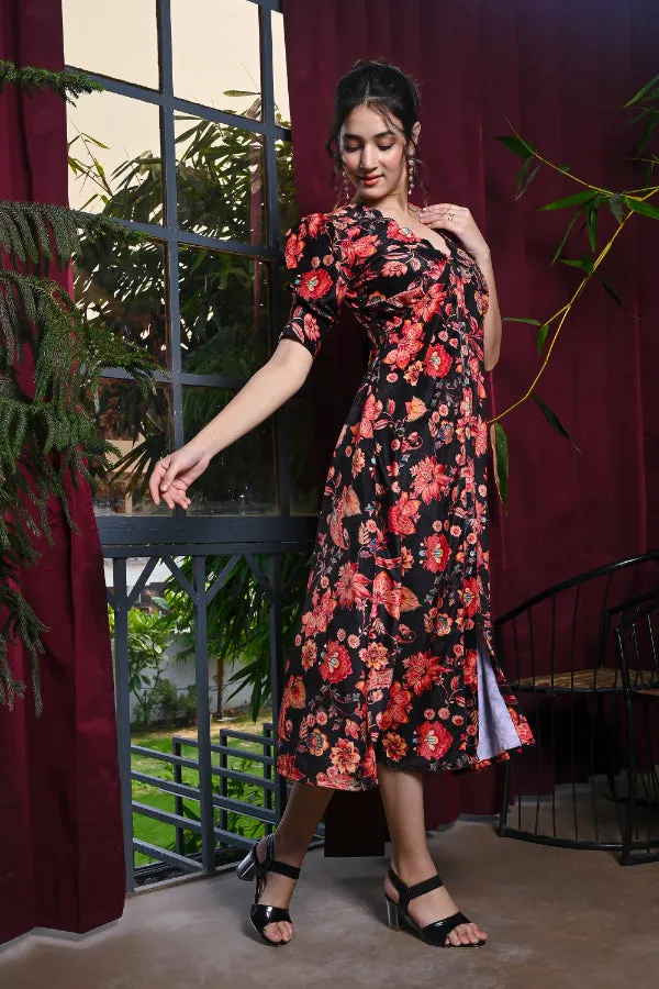 Black Multicoloured Floral Print Velvet Dress