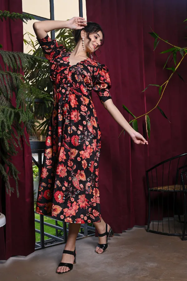 Black Multicoloured Floral Print Velvet Dress