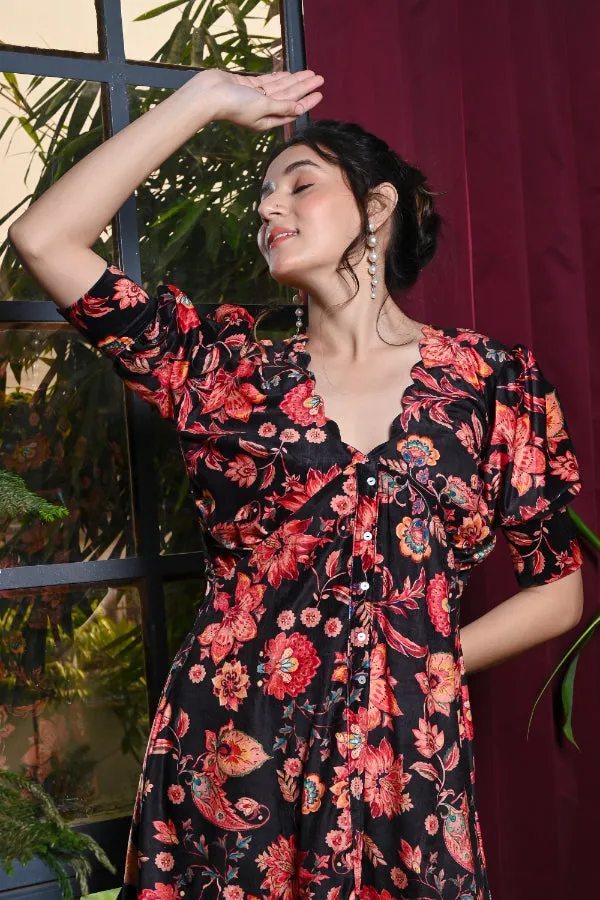 Black Multicoloured Floral Print Velvet Dress