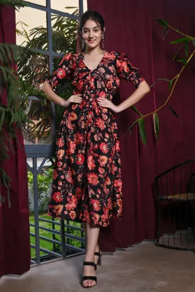 Black Multicoloured Floral Print Velvet Dress