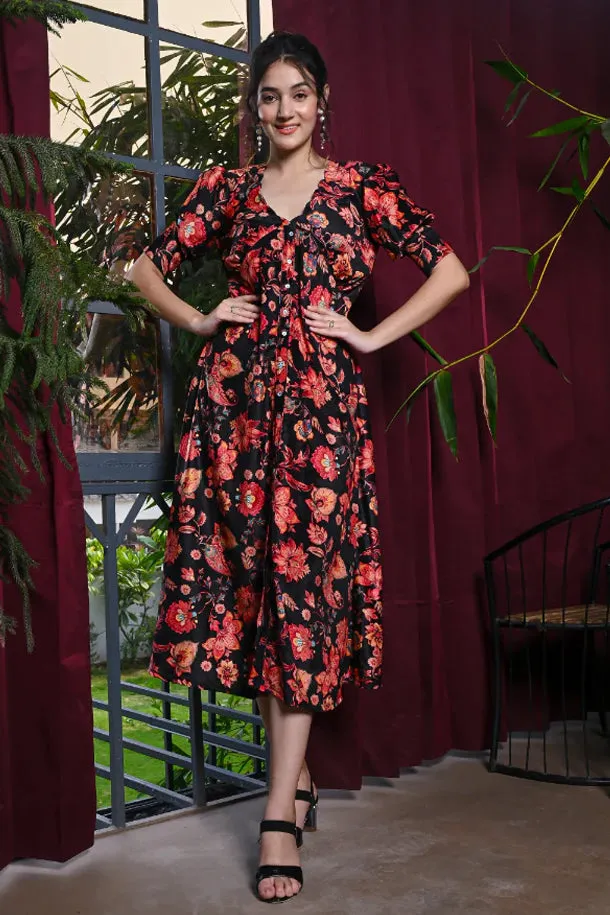 Black Multicoloured Floral Print Velvet Dress
