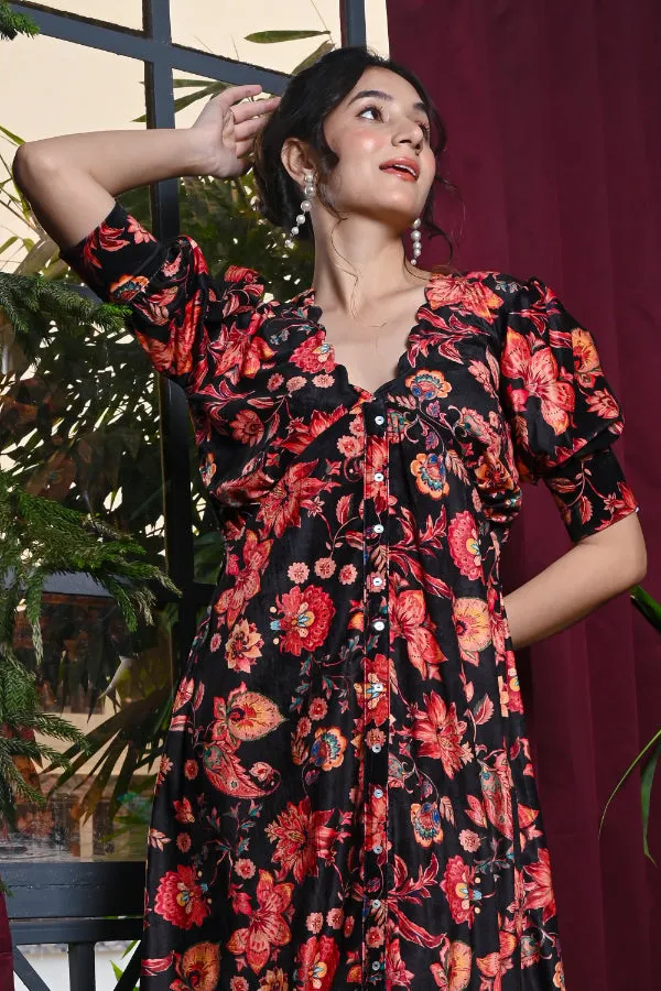 Black Multicoloured Floral Print Velvet Dress