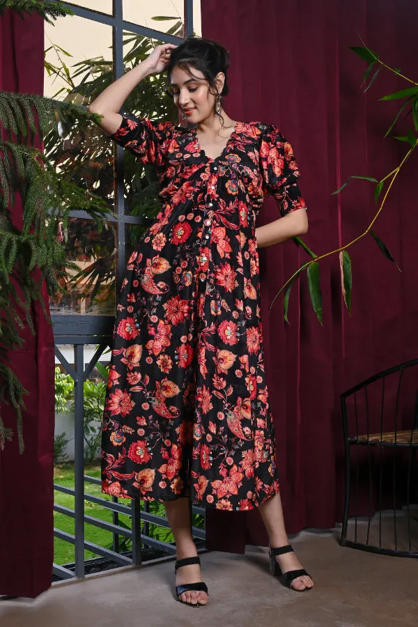 Black Multicoloured Floral Print Velvet Dress