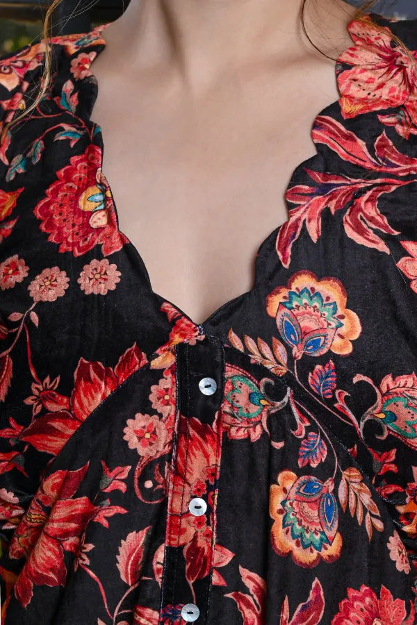 Black Multicoloured Floral Print Velvet Dress