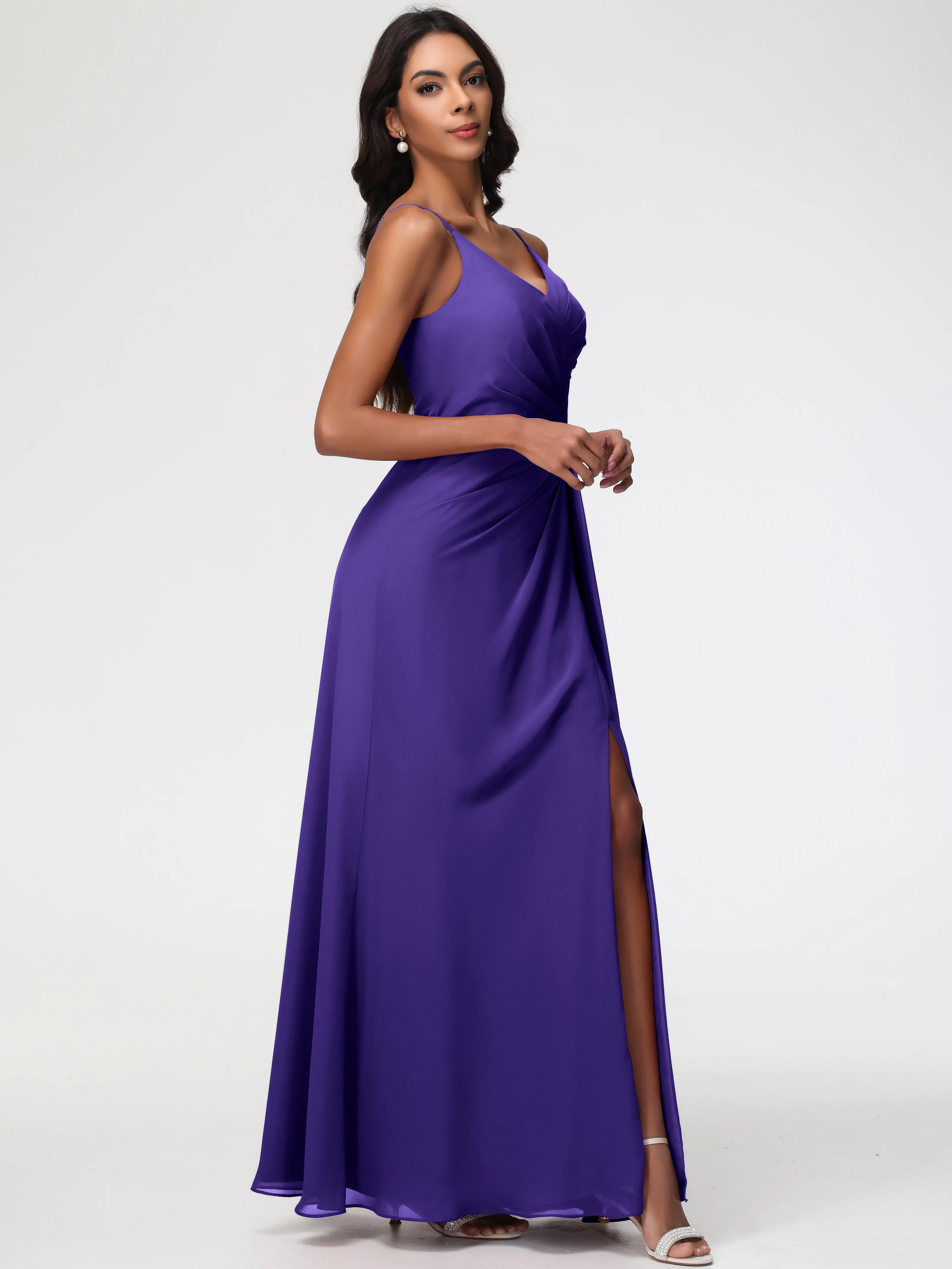 Bridesmaid Dresses Regency Purple A-Line V-Neck Spaghetti Straps Ruched Chiffon Bridesmaid Dresses With Slit