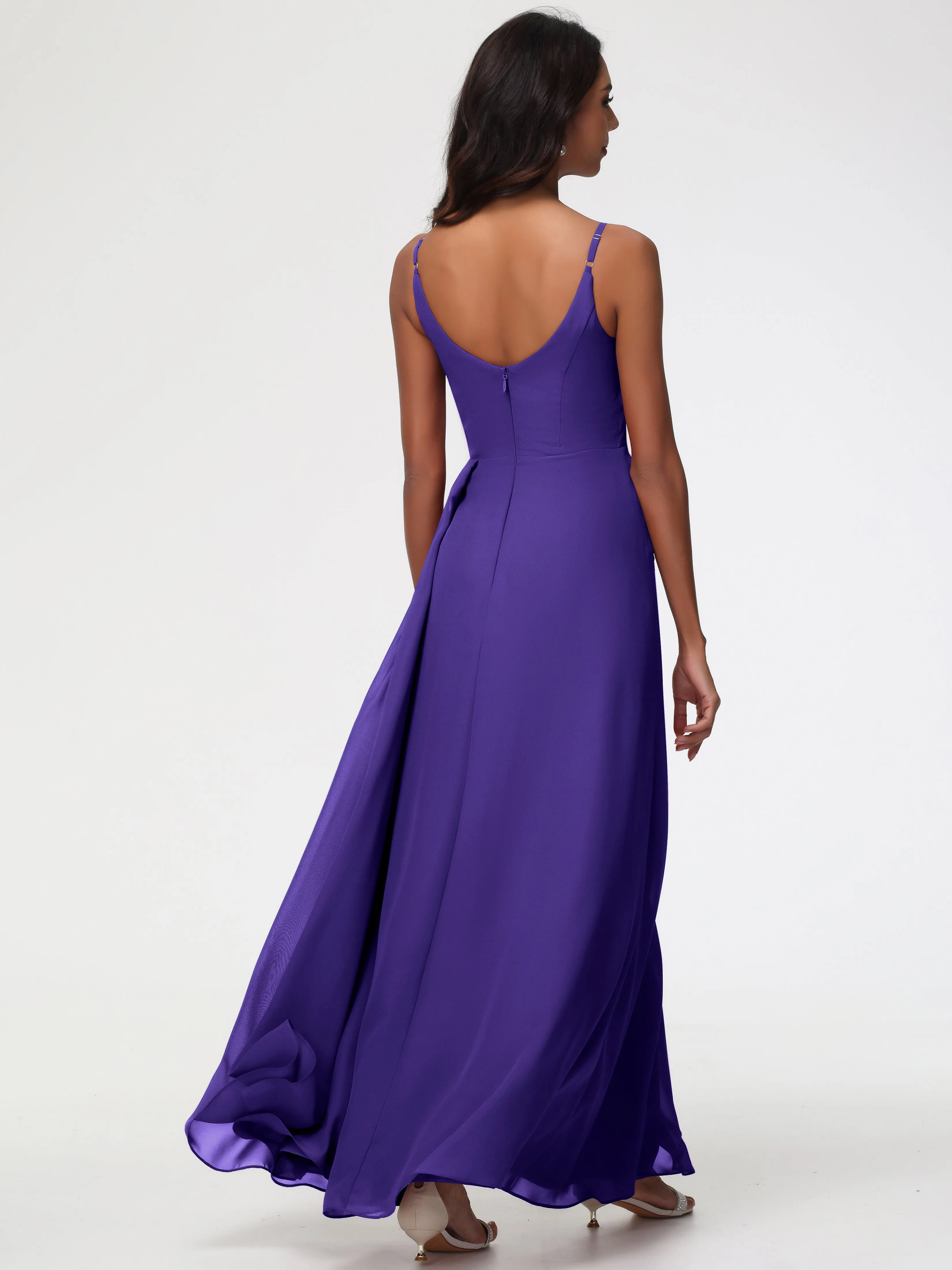 Bridesmaid Dresses Regency Purple A-Line V-Neck Spaghetti Straps Ruched Chiffon Bridesmaid Dresses With Slit