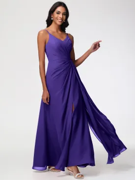 Bridesmaid Dresses Regency Purple A-Line V-Neck Spaghetti Straps Ruched Chiffon Bridesmaid Dresses With Slit