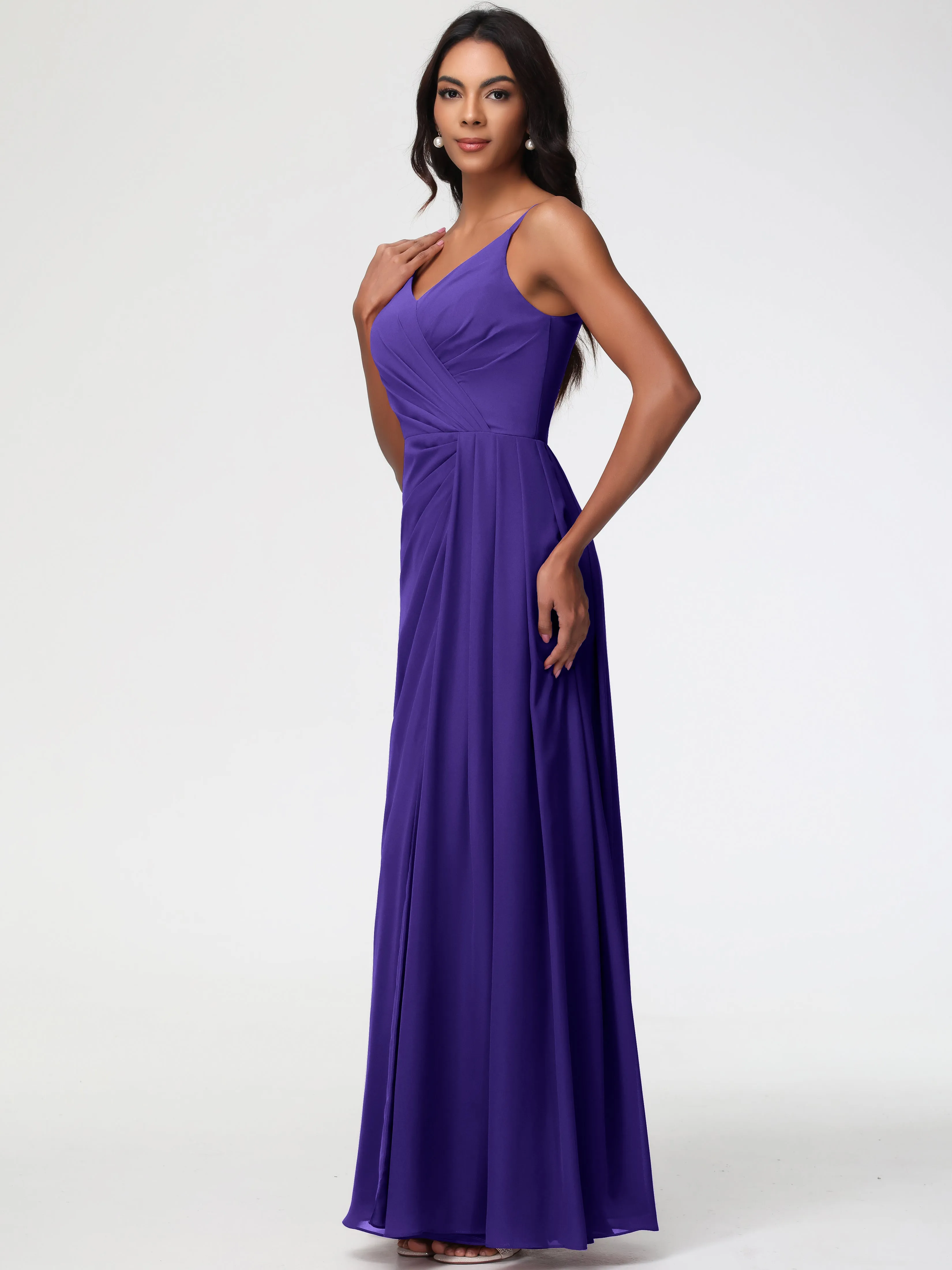Bridesmaid Dresses Regency Purple A-Line V-Neck Spaghetti Straps Ruched Chiffon Bridesmaid Dresses With Slit