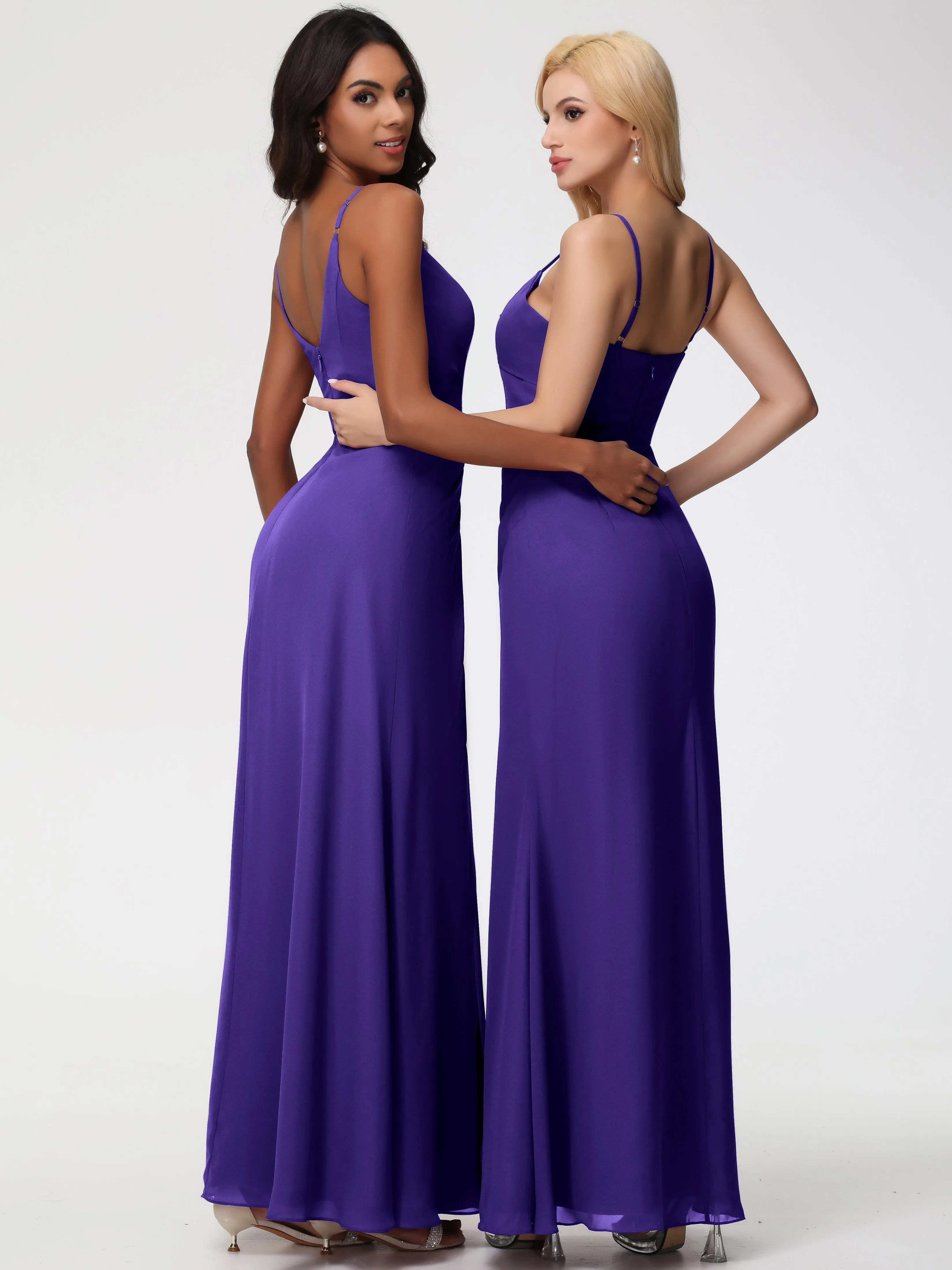 Bridesmaid Dresses Regency Purple A-Line V-Neck Spaghetti Straps Ruched Chiffon Bridesmaid Dresses With Slit