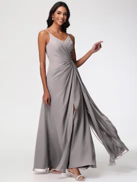 Bridesmaid Dresses Silver Grey A-Line V-Neck Spaghetti Straps Ruched Chiffon Bridesmaid Dresses With Slit