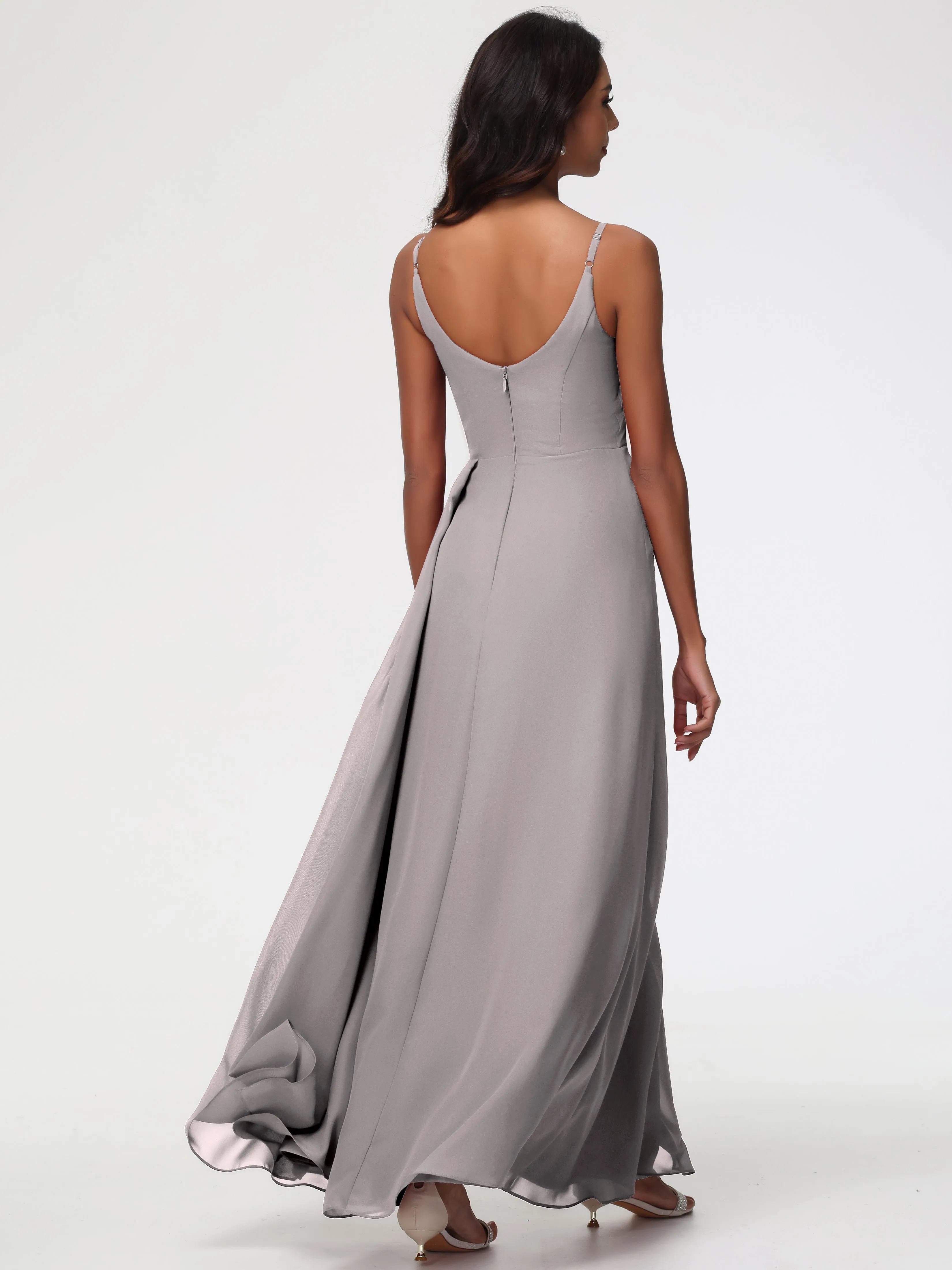 Bridesmaid Dresses Silver Grey A-Line V-Neck Spaghetti Straps Ruched Chiffon Bridesmaid Dresses With Slit