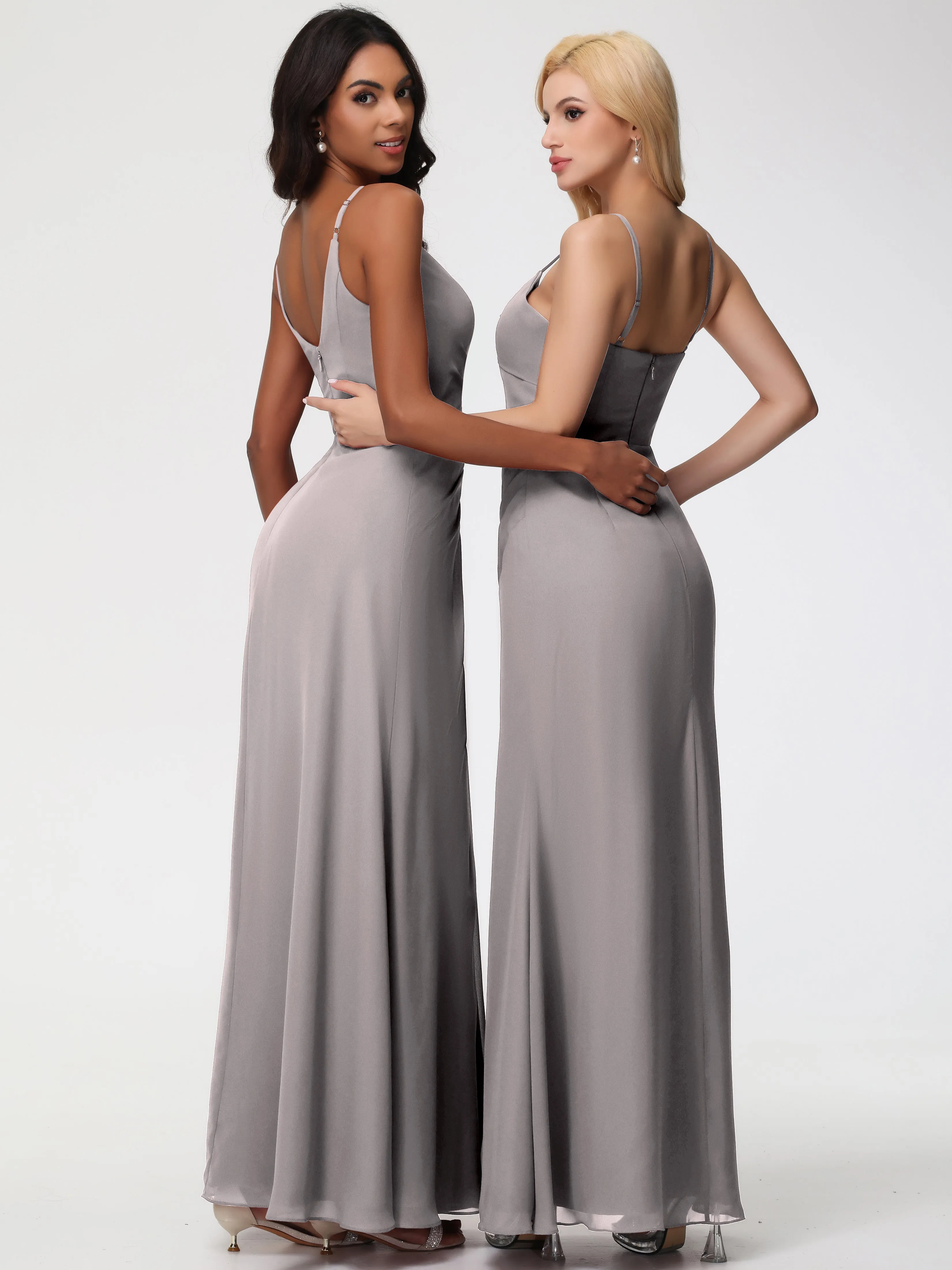 Bridesmaid Dresses Silver Grey A-Line V-Neck Spaghetti Straps Ruched Chiffon Bridesmaid Dresses With Slit