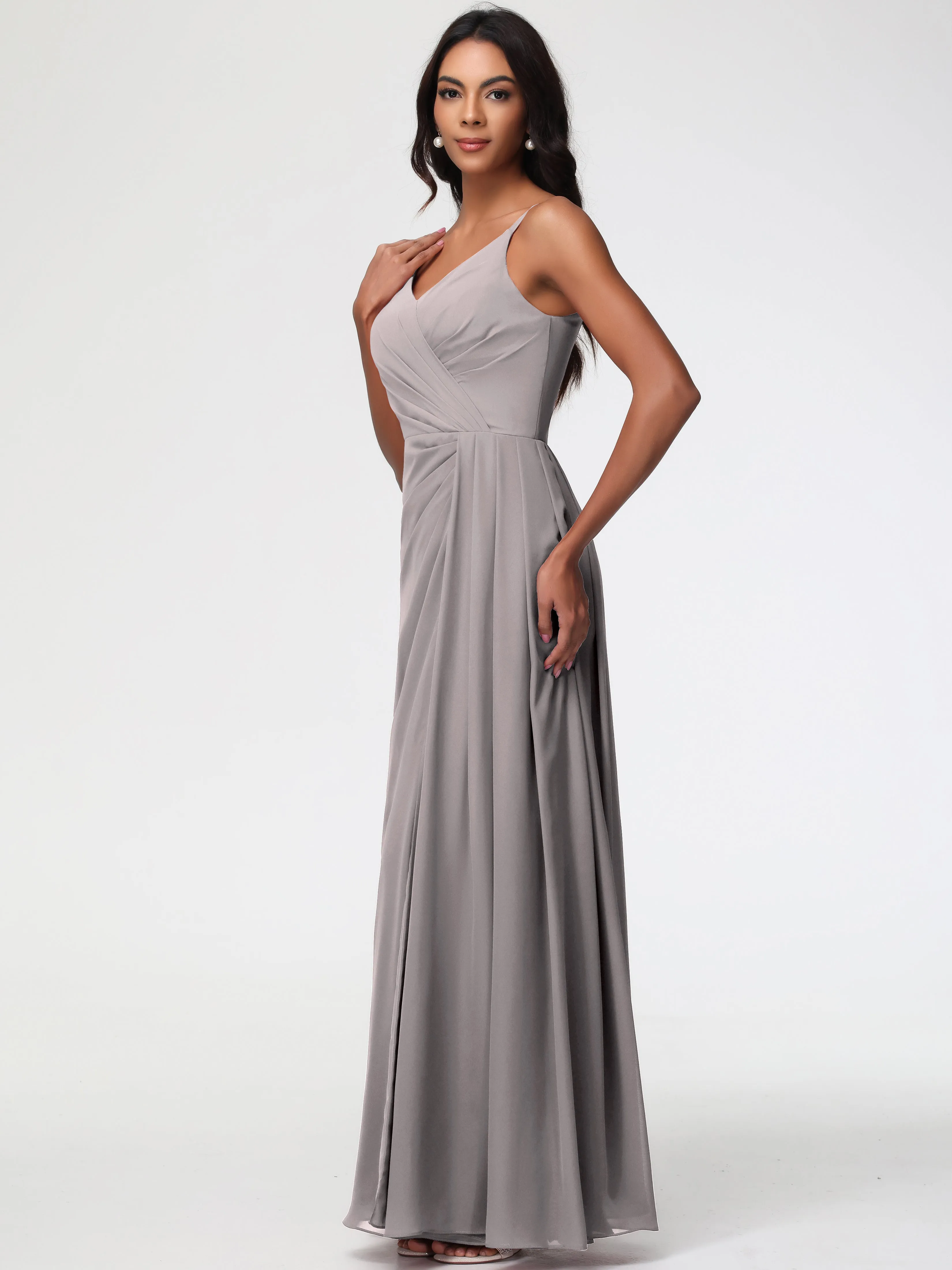 Bridesmaid Dresses Silver Grey A-Line V-Neck Spaghetti Straps Ruched Chiffon Bridesmaid Dresses With Slit