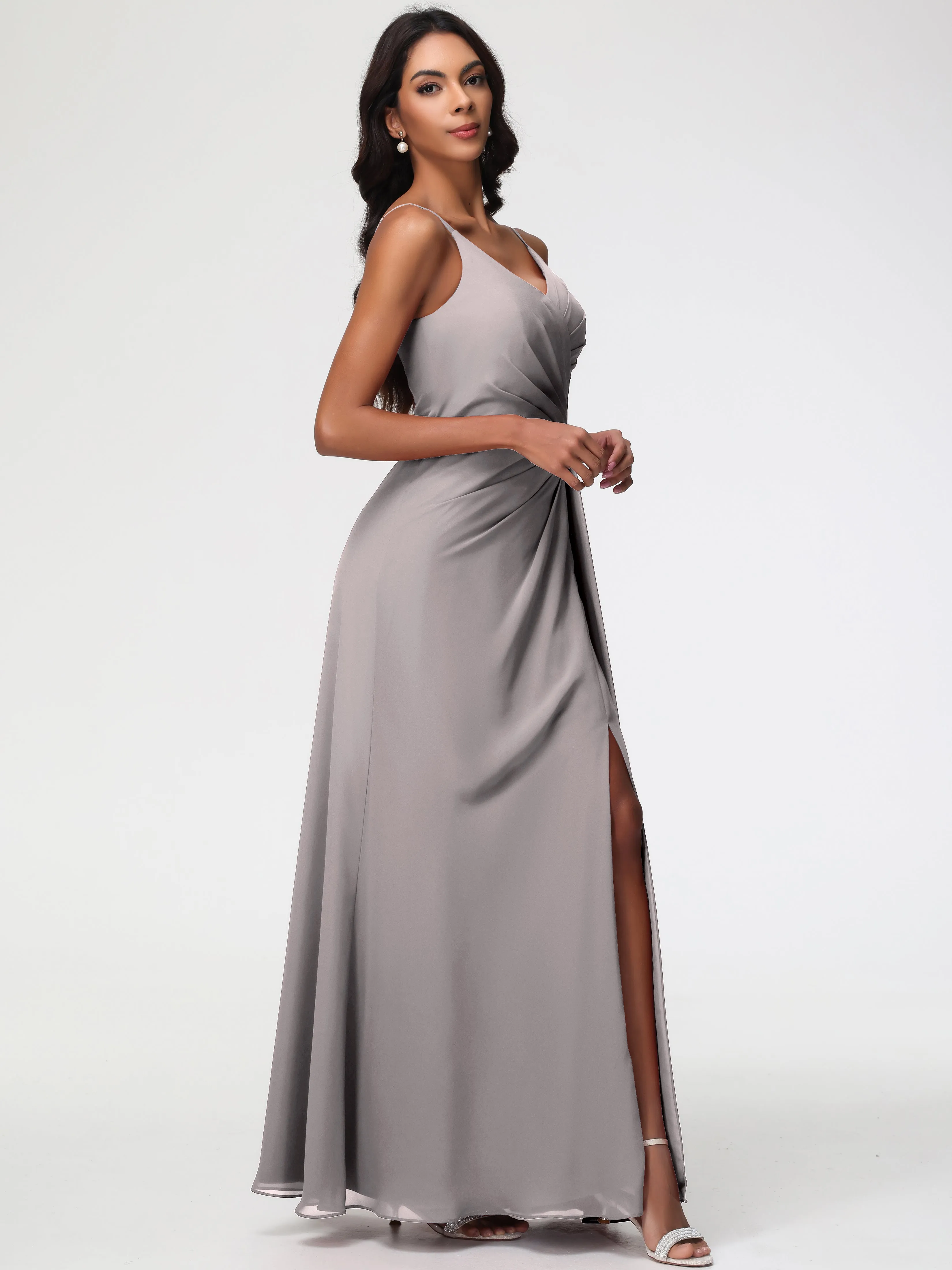 Bridesmaid Dresses Silver Grey A-Line V-Neck Spaghetti Straps Ruched Chiffon Bridesmaid Dresses With Slit
