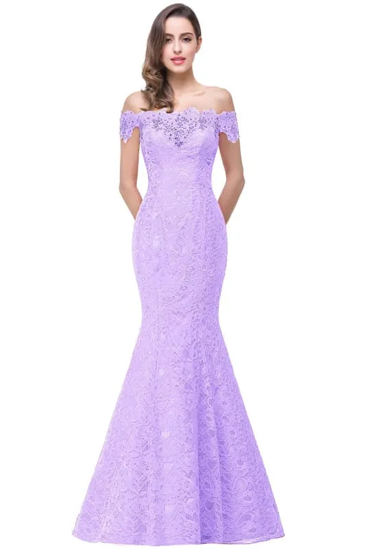 Elegant Off-the-Shoulder Trumpet Bridesmaid Dress Lace  Long Evening Dress