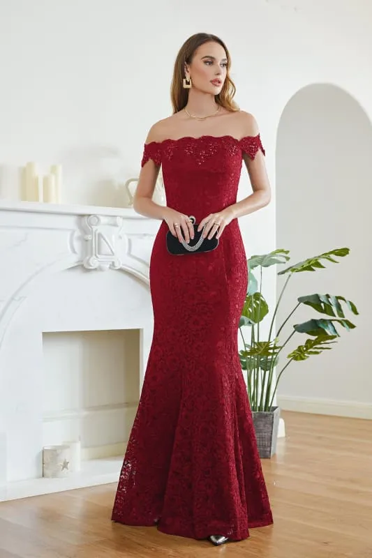 Elegant Off-the-Shoulder Trumpet Bridesmaid Dress Lace  Long Evening Dress