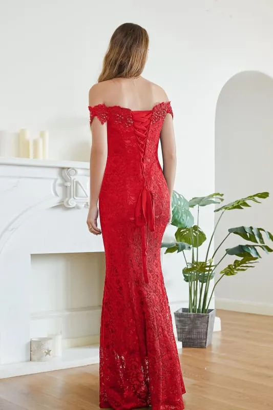 Elegant Off-the-Shoulder Trumpet Bridesmaid Dress Lace  Long Evening Dress