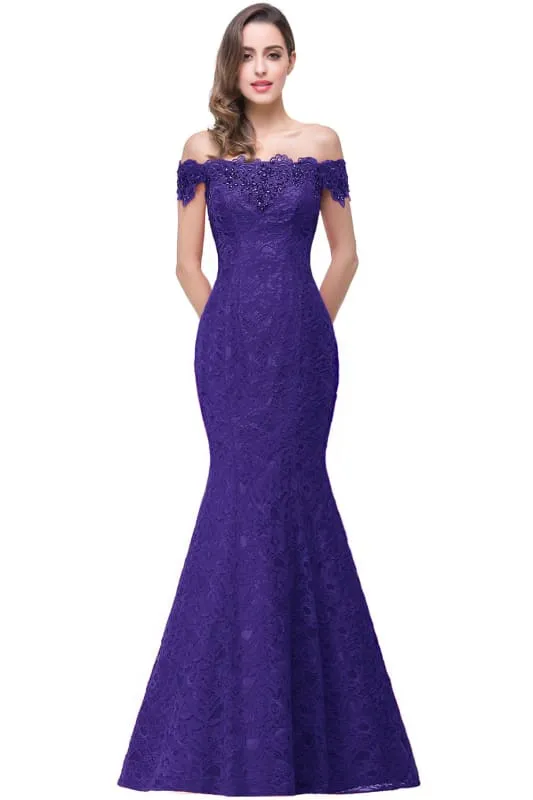 Elegant Off-the-Shoulder Trumpet Bridesmaid Dress Lace  Long Evening Dress
