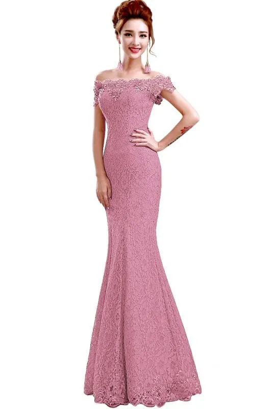Elegant Off-the-Shoulder Trumpet Bridesmaid Dress Lace  Long Evening Dress