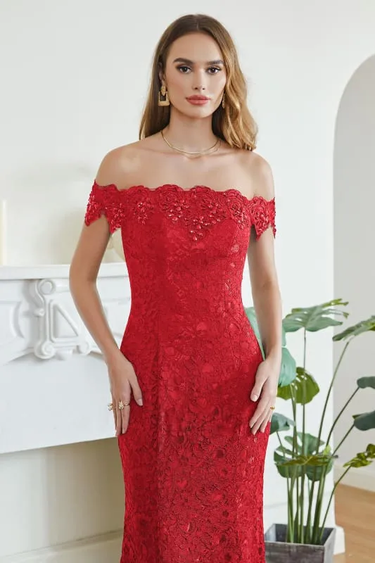 Elegant Off-the-Shoulder Trumpet Bridesmaid Dress Lace  Long Evening Dress