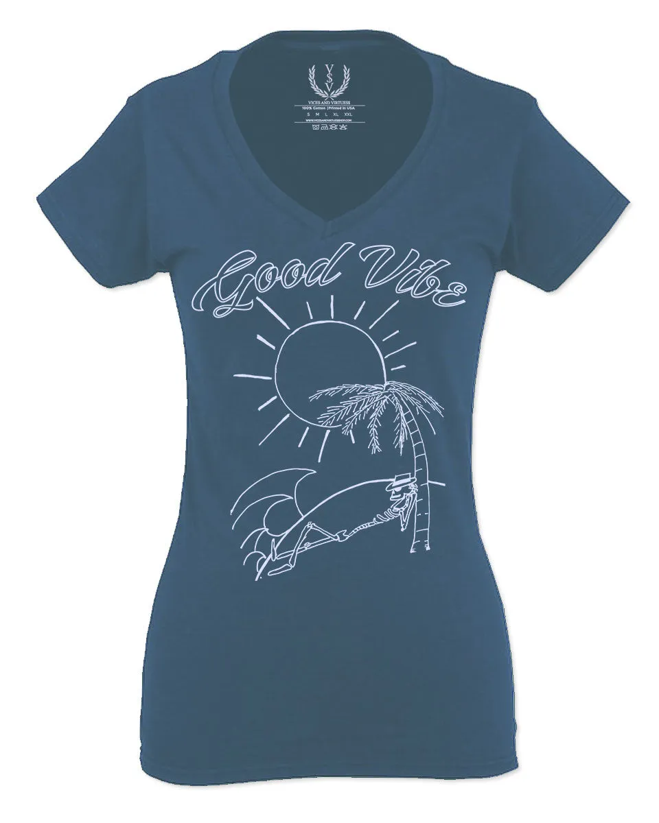 Good Vibe Summer Vintage Retro Beach surf Palm Tree Vacation Skeleton For Women V neck fitted T Shirt