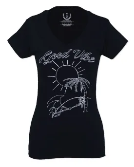 Good Vibe Summer Vintage Retro Beach surf Palm Tree Vacation Skeleton For Women V neck fitted T Shirt