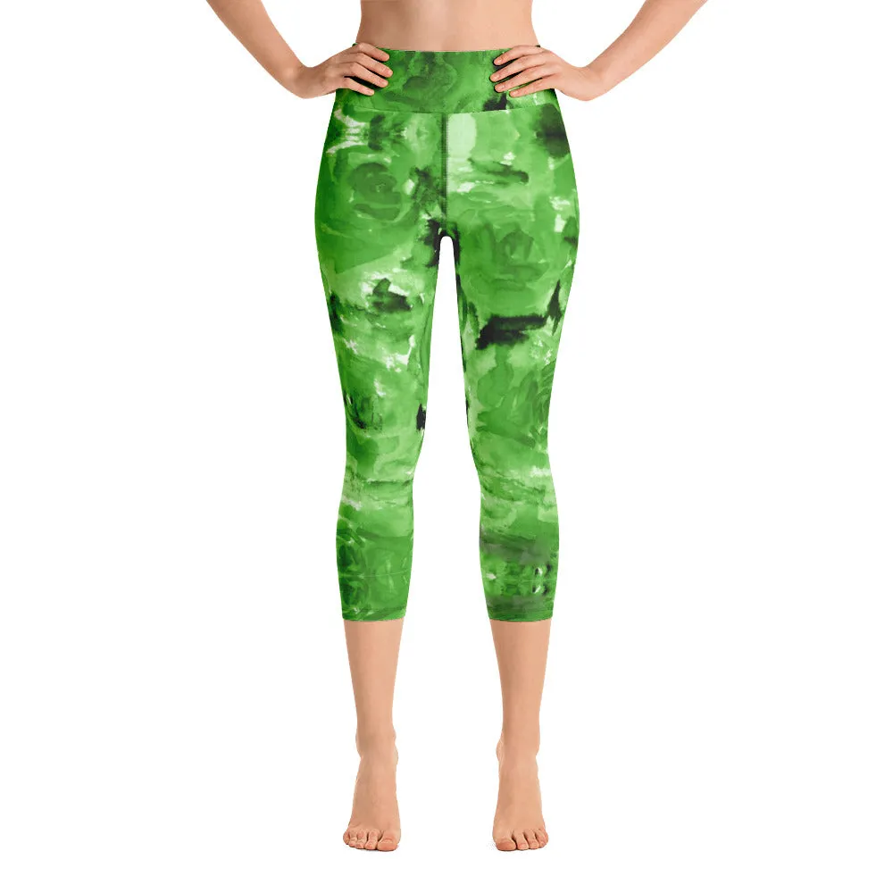 Green Abstract Yoga Capri Leggings, Fun Colorful Green Women's Capris Tights-Made in USA/EU