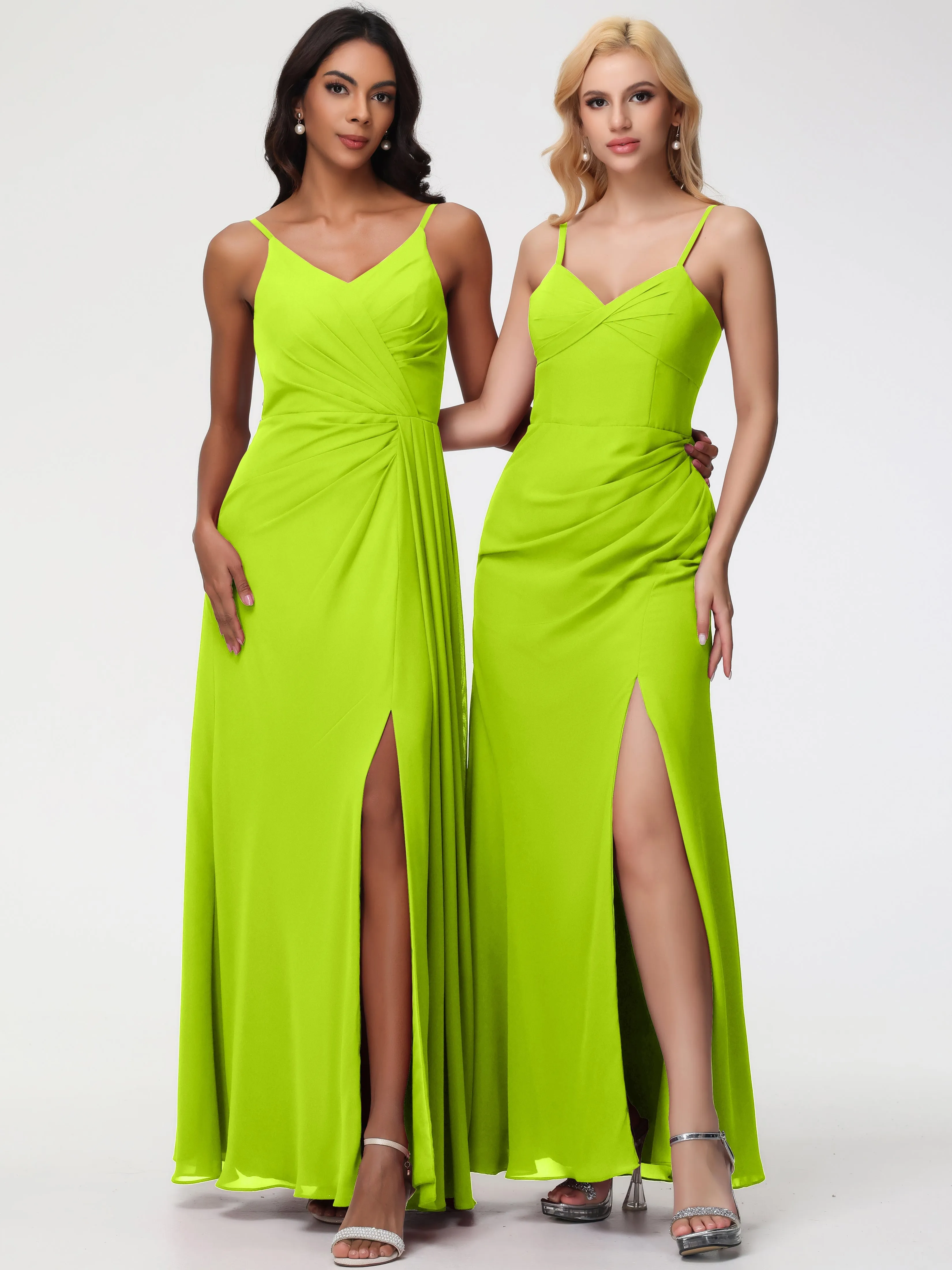 Lime Green Bridesmaids A-Line V-Neck Spaghetti Straps Ruched Chiffon Bridesmaid Dresses With Slit