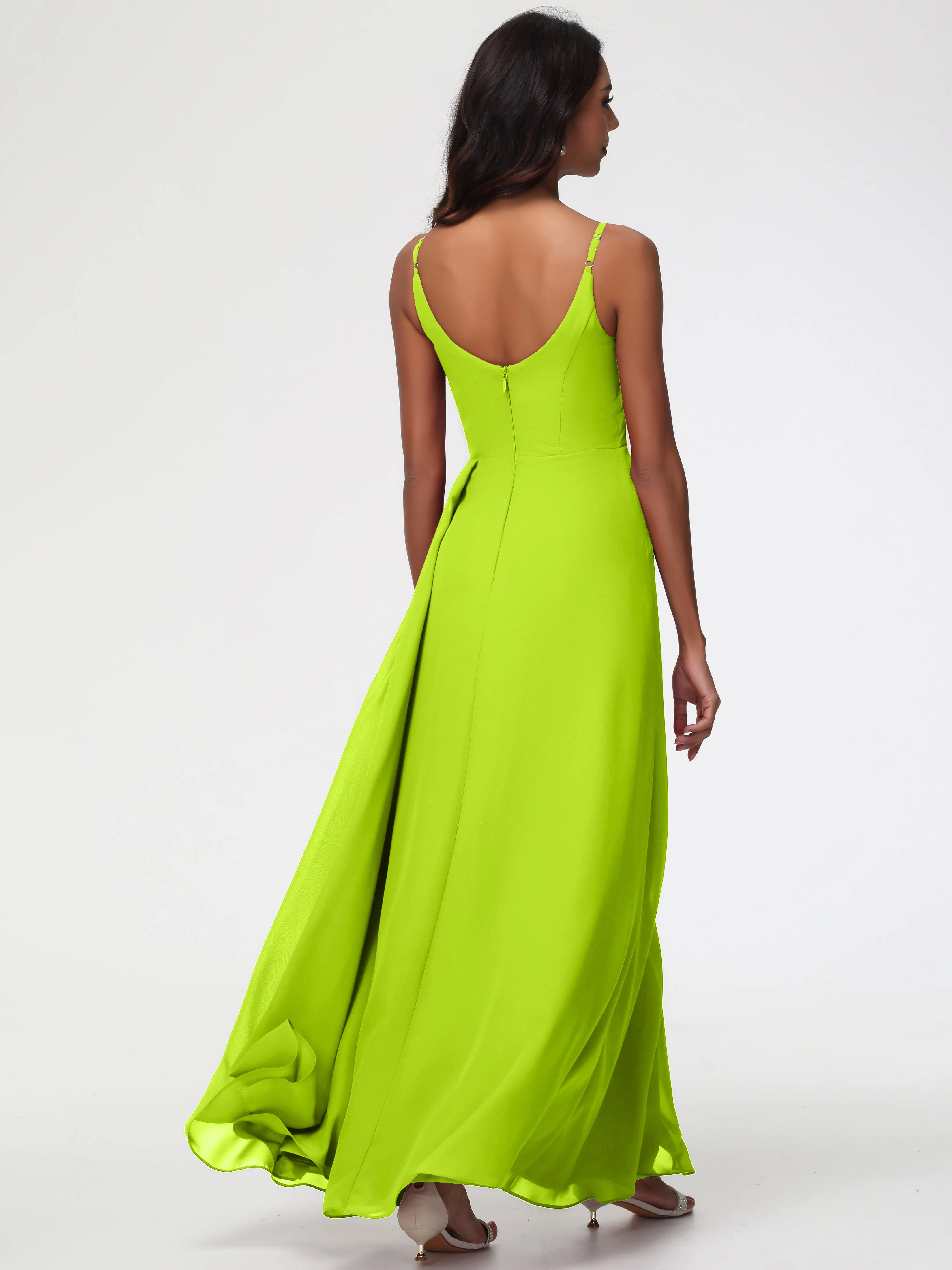 Lime Green Bridesmaids A-Line V-Neck Spaghetti Straps Ruched Chiffon Bridesmaid Dresses With Slit