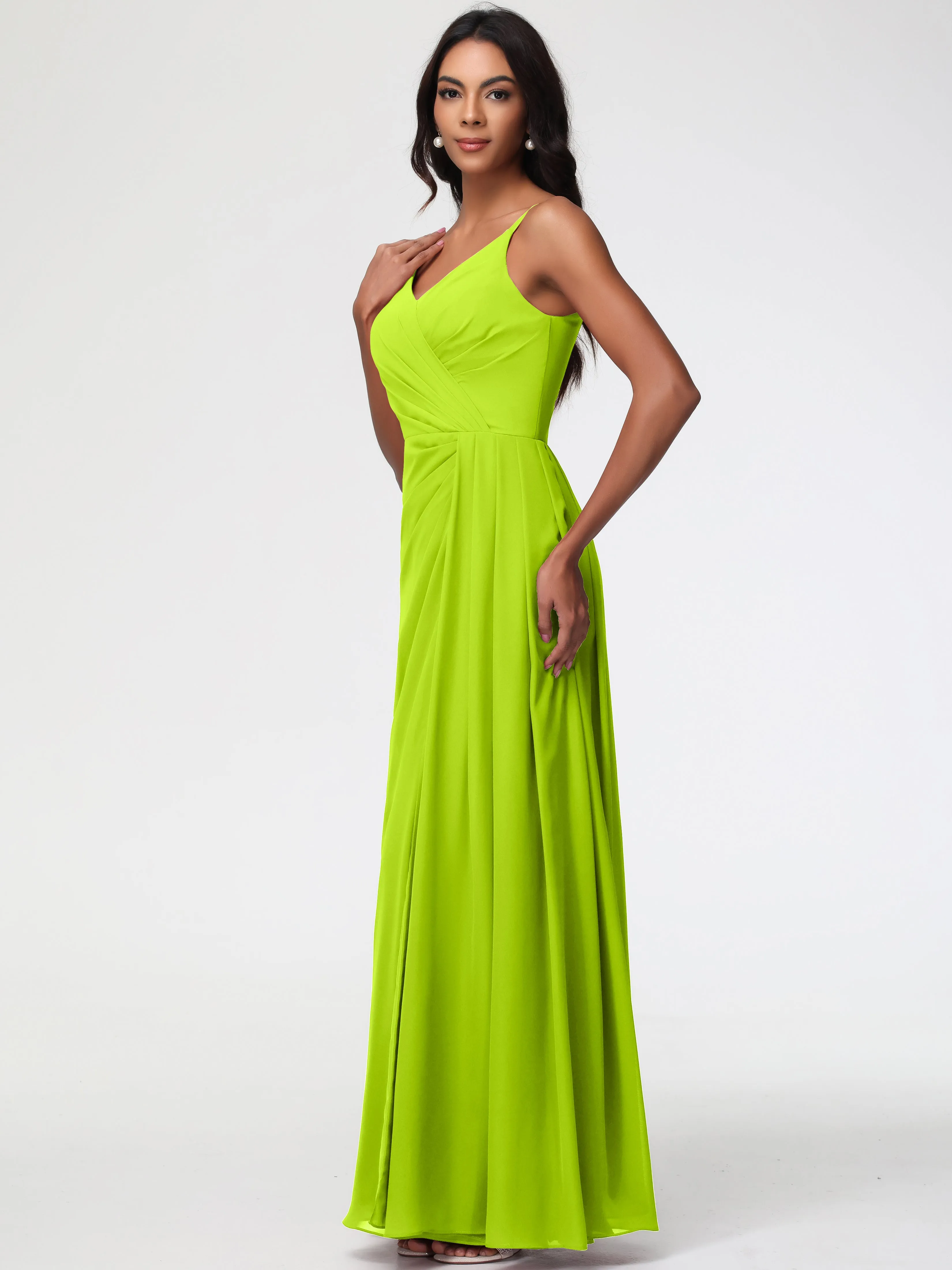Lime Green Bridesmaids A-Line V-Neck Spaghetti Straps Ruched Chiffon Bridesmaid Dresses With Slit