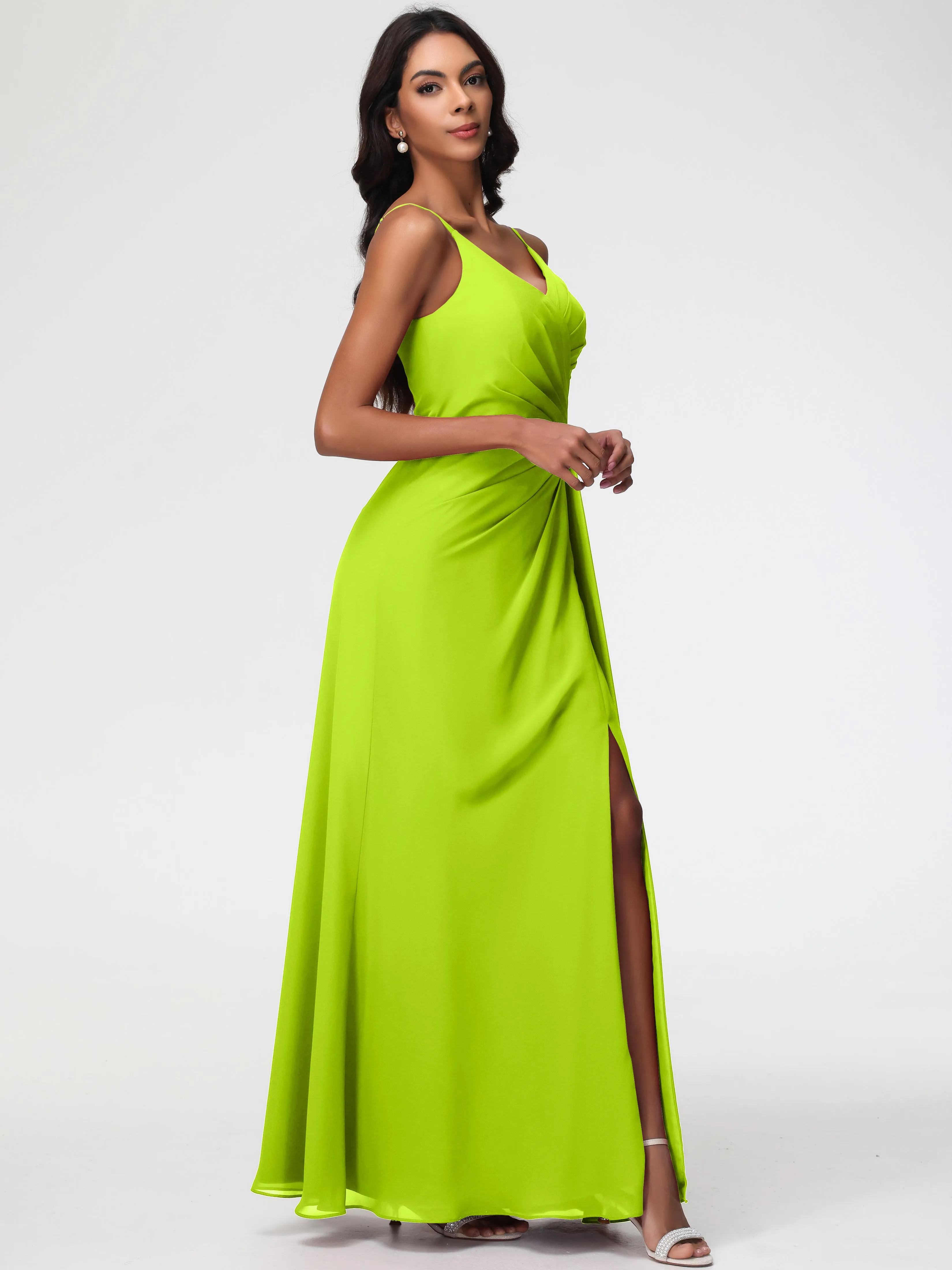 Lime Green Bridesmaids A-Line V-Neck Spaghetti Straps Ruched Chiffon Bridesmaid Dresses With Slit