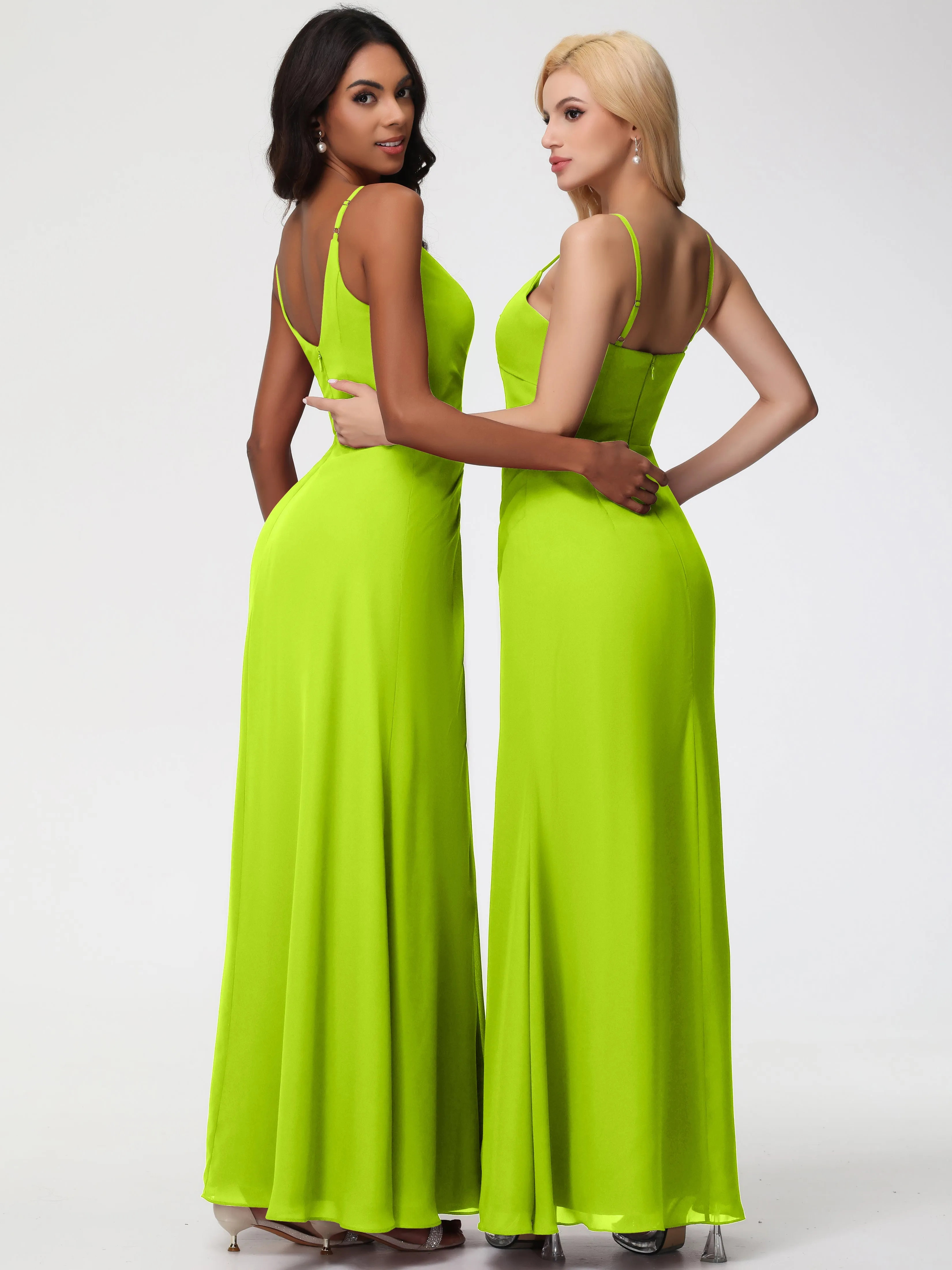 Lime Green Bridesmaids A-Line V-Neck Spaghetti Straps Ruched Chiffon Bridesmaid Dresses With Slit