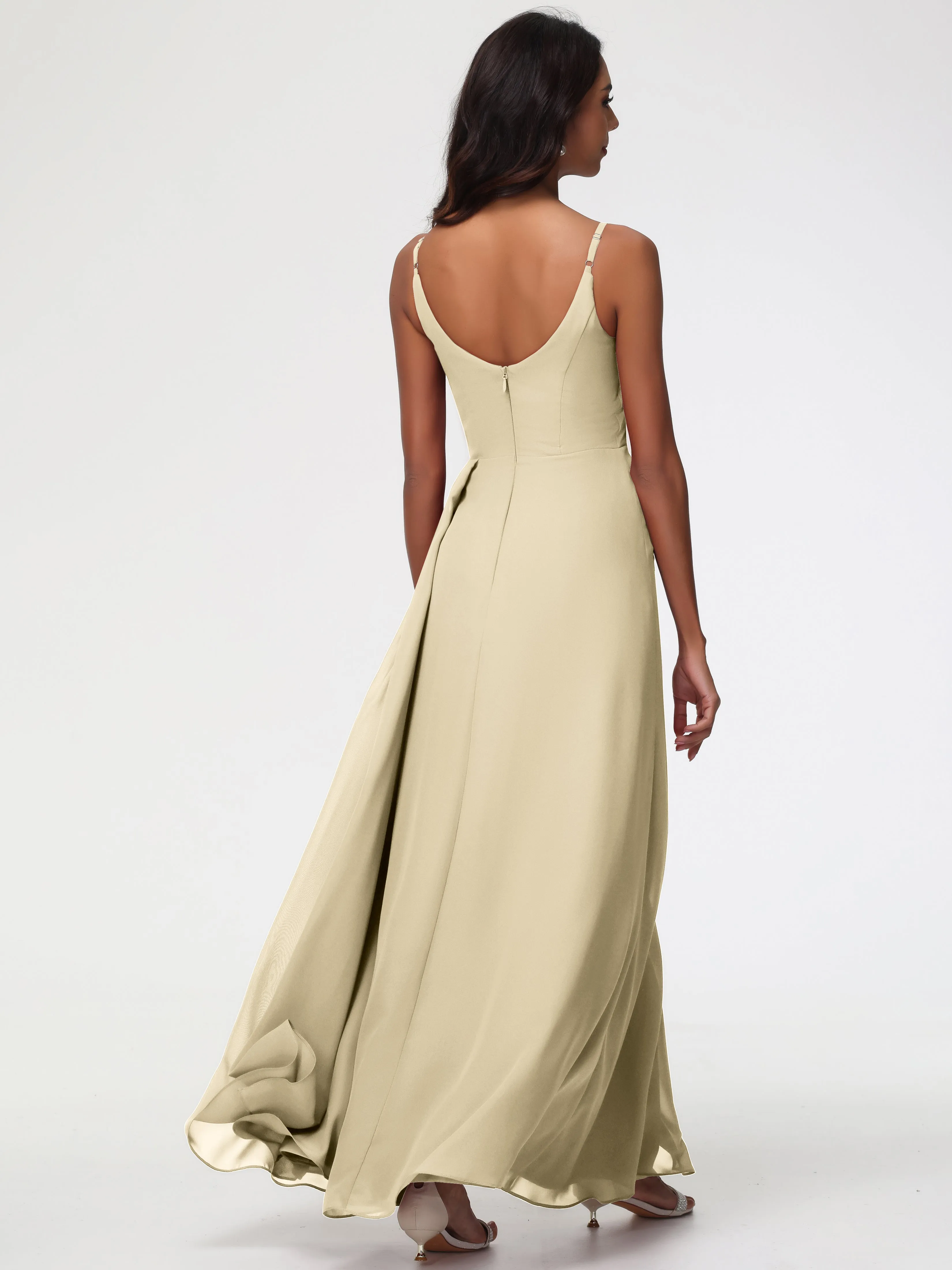 Long Chiffon Champagne Bridesmaid Dresses A-Line V-Neck Spaghetti Straps Ruched Chiffon Bridesmaid Dresses With Slit