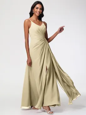 Long Chiffon Champagne Bridesmaid Dresses A-Line V-Neck Spaghetti Straps Ruched Chiffon Bridesmaid Dresses With Slit