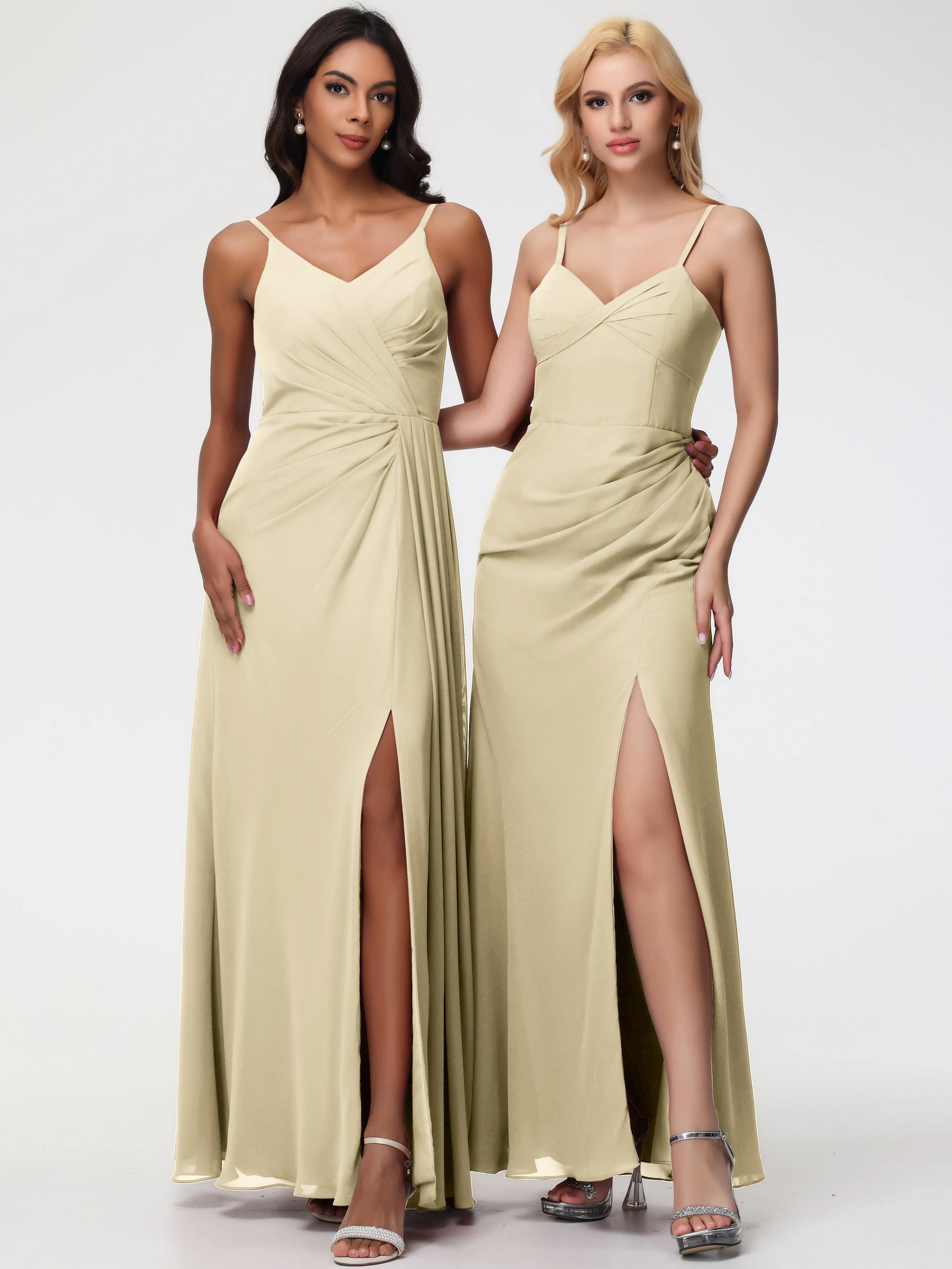 Long Chiffon Champagne Bridesmaid Dresses A-Line V-Neck Spaghetti Straps Ruched Chiffon Bridesmaid Dresses With Slit