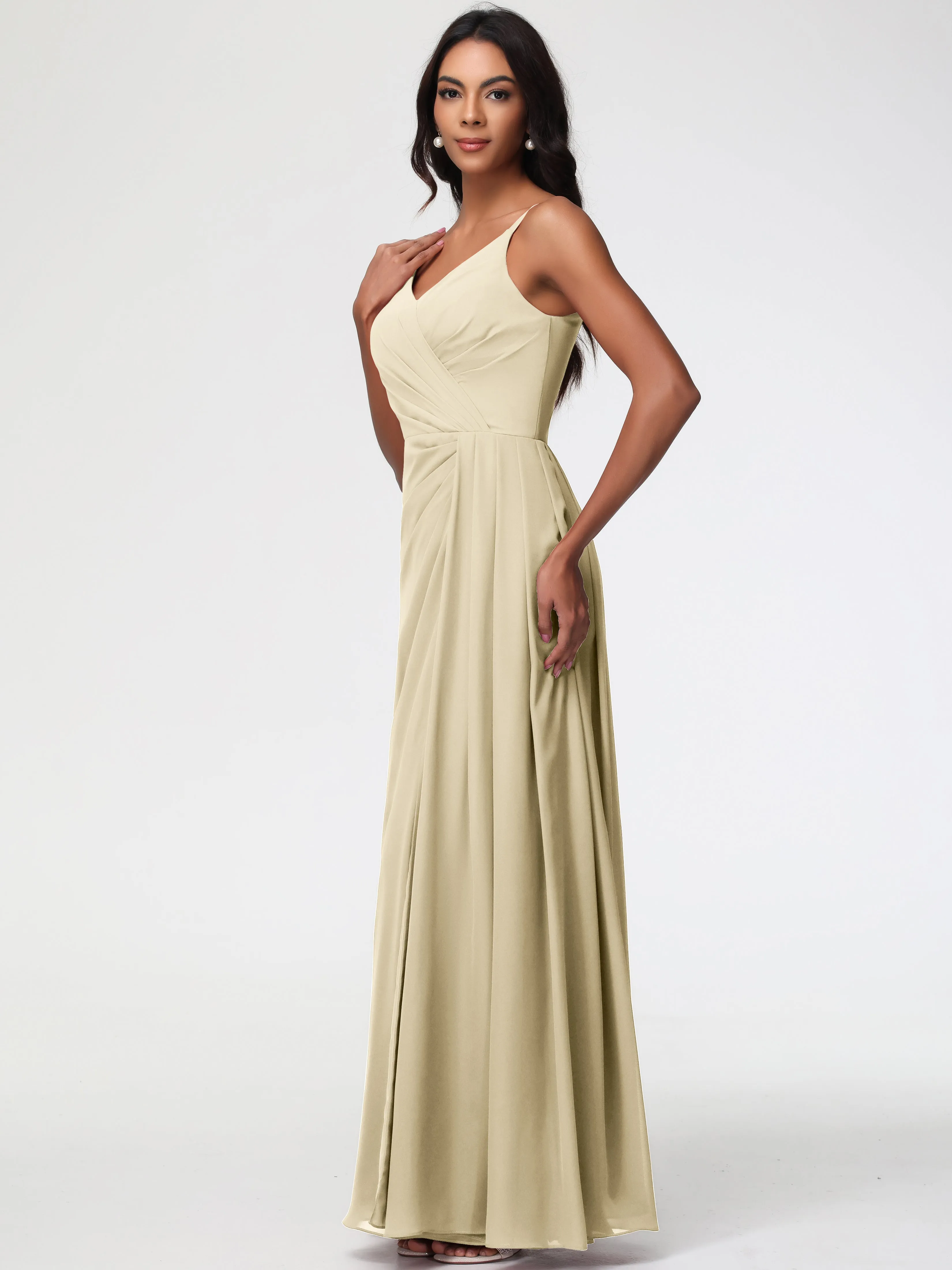 Long Chiffon Champagne Bridesmaid Dresses A-Line V-Neck Spaghetti Straps Ruched Chiffon Bridesmaid Dresses With Slit