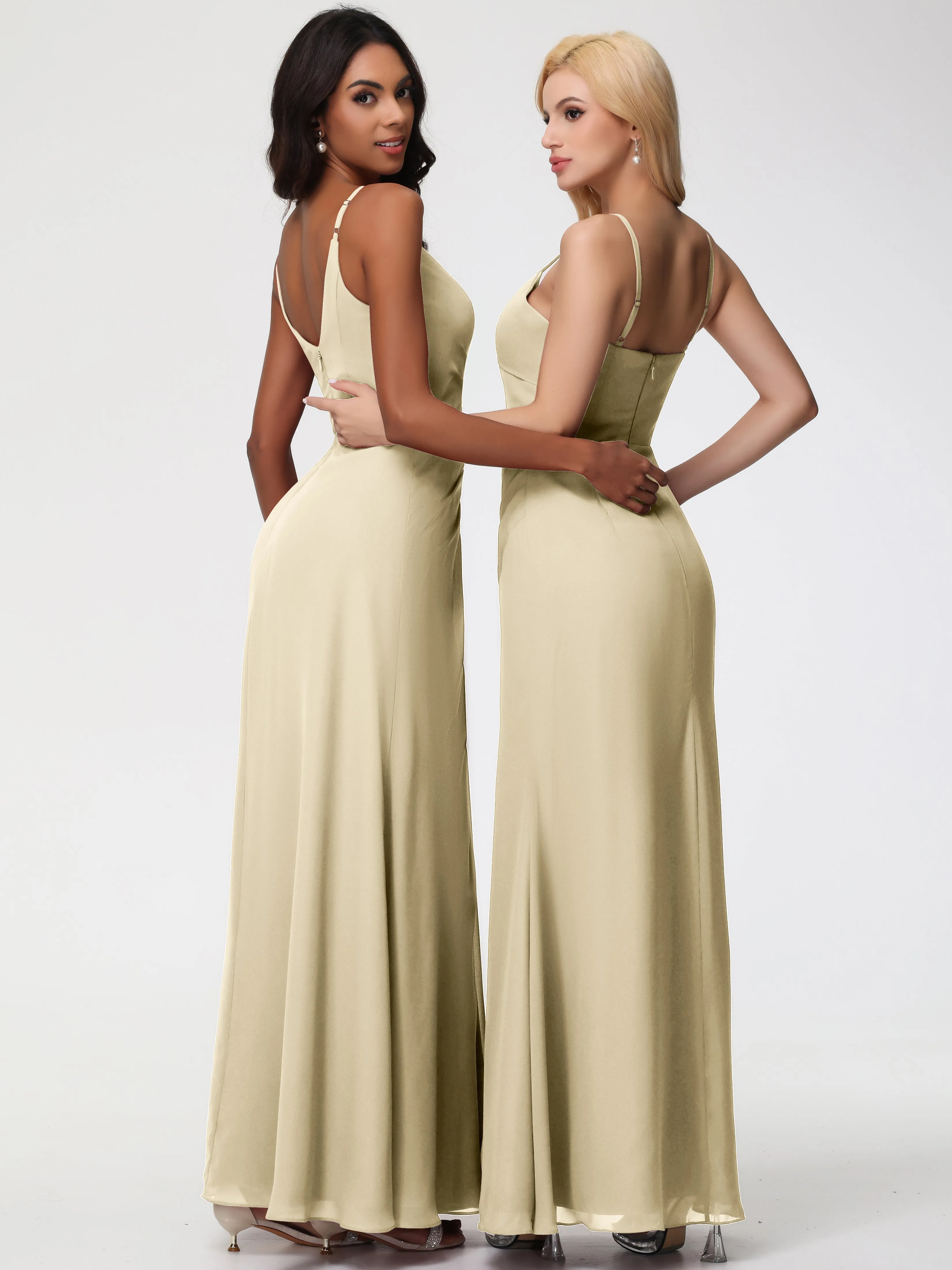 Long Chiffon Champagne Bridesmaid Dresses A-Line V-Neck Spaghetti Straps Ruched Chiffon Bridesmaid Dresses With Slit