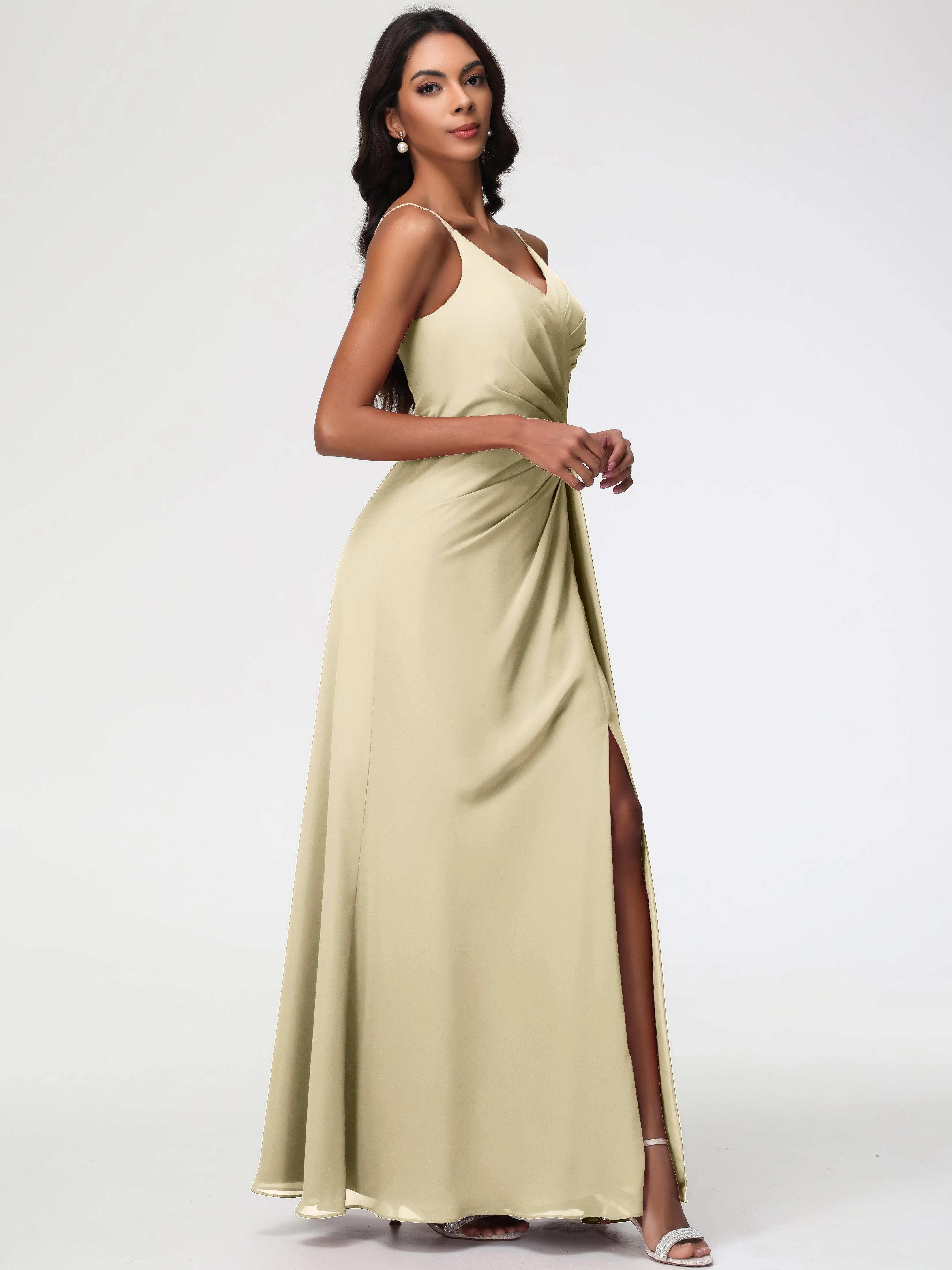 Long Chiffon Champagne Bridesmaid Dresses A-Line V-Neck Spaghetti Straps Ruched Chiffon Bridesmaid Dresses With Slit