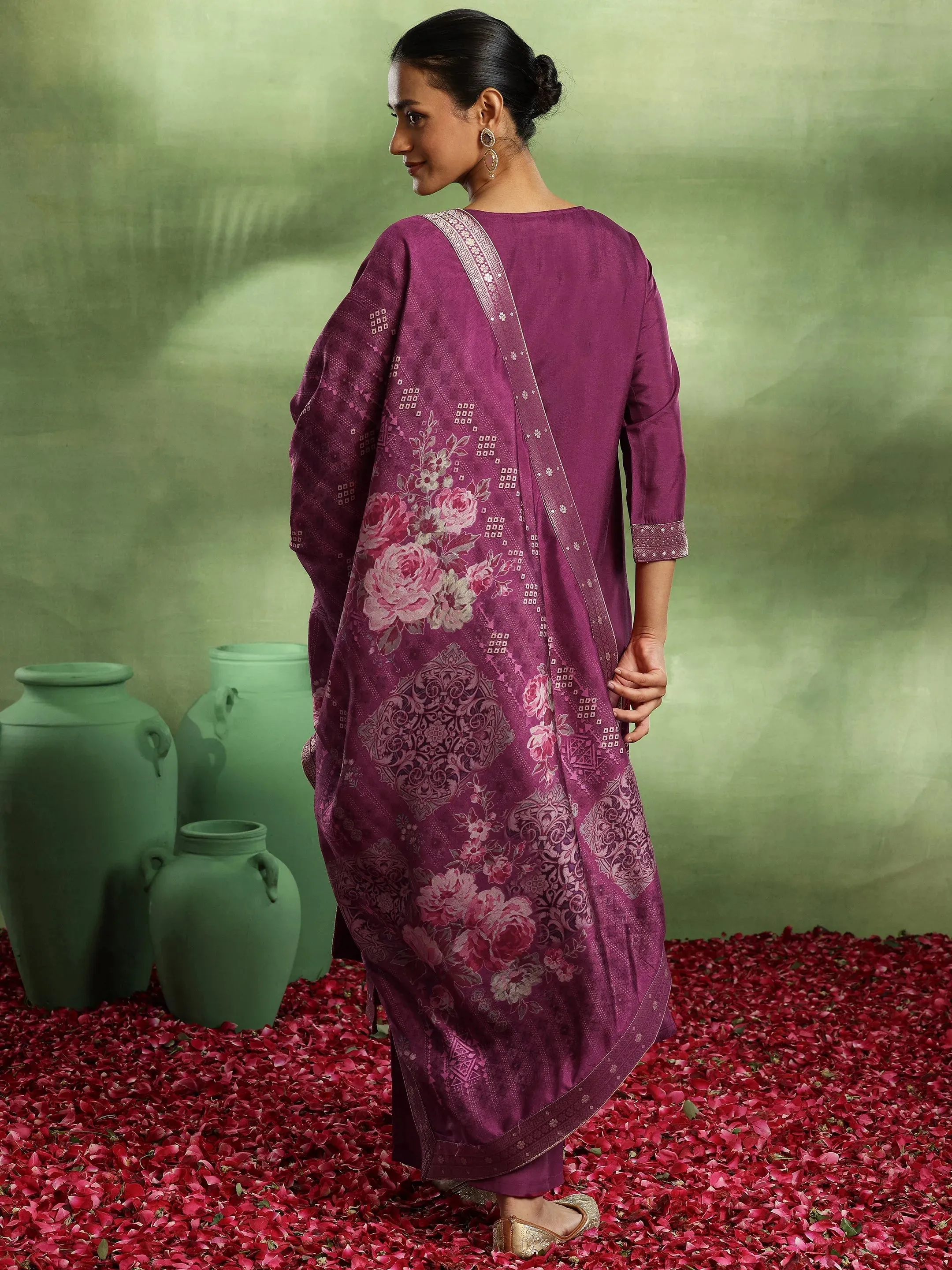 Magenta Printed Silk Blend Straight Suit With Dupatta