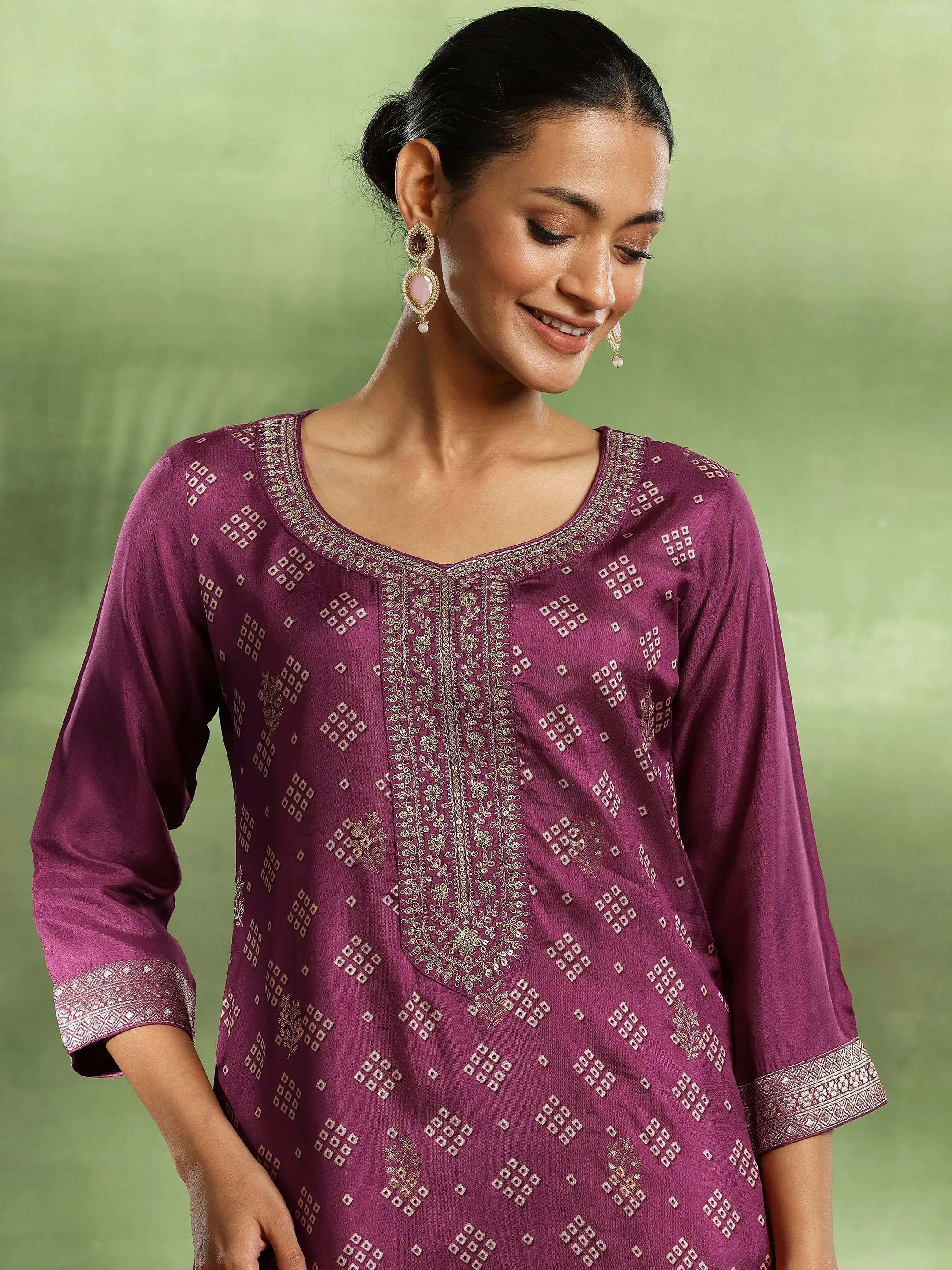 Magenta Printed Silk Blend Straight Suit With Dupatta