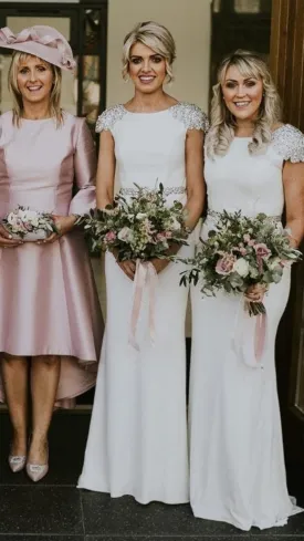 Sarah White Diamond Belt Diamond Shoulder Cap Bridesmaids Dress