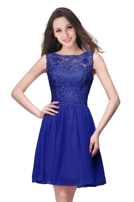 Stylish Scoop Neck Chiffon Short Homecoming Dress Sleeveless Floral Lace Mini Party Dress
