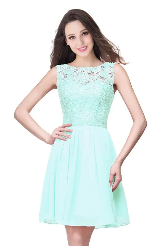 Stylish Scoop Neck Chiffon Short Homecoming Dress Sleeveless Floral Lace Mini Party Dress