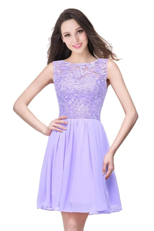 Stylish Scoop Neck Chiffon Short Homecoming Dress Sleeveless Floral Lace Mini Party Dress